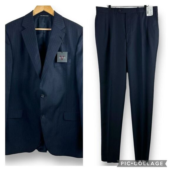 Jack Victor Men's 44L/38 Valentino CT Black Pinstripe Suit Set‎ 100% Wool New